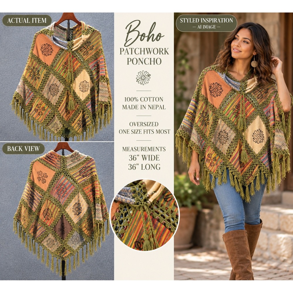 Nepal Cotton Patchwork Handcrafted Poncho Women OS Boho Crochet Fringe Bohemian